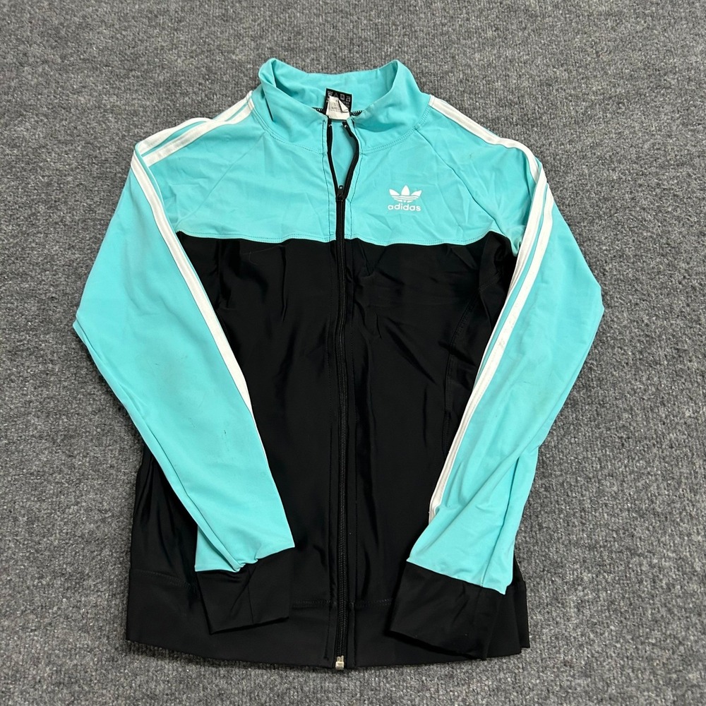 Adidas Track Jacket Womens Size OS Teal Black Colorblock 3-Stripe Zip Up S-030